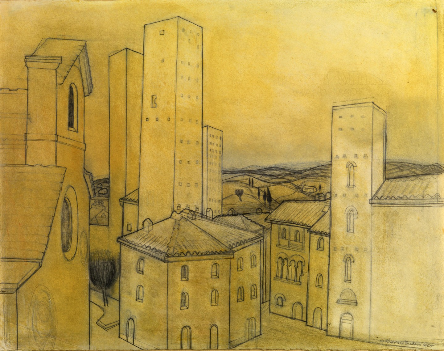 San Gimignano, 1955, pencil and oil on paper
